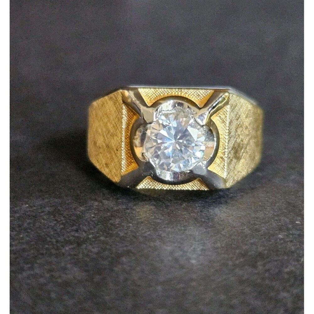 14K Yellow Gold Plated Clear Rhinestone Men's Ring Size 10.5 Vintage